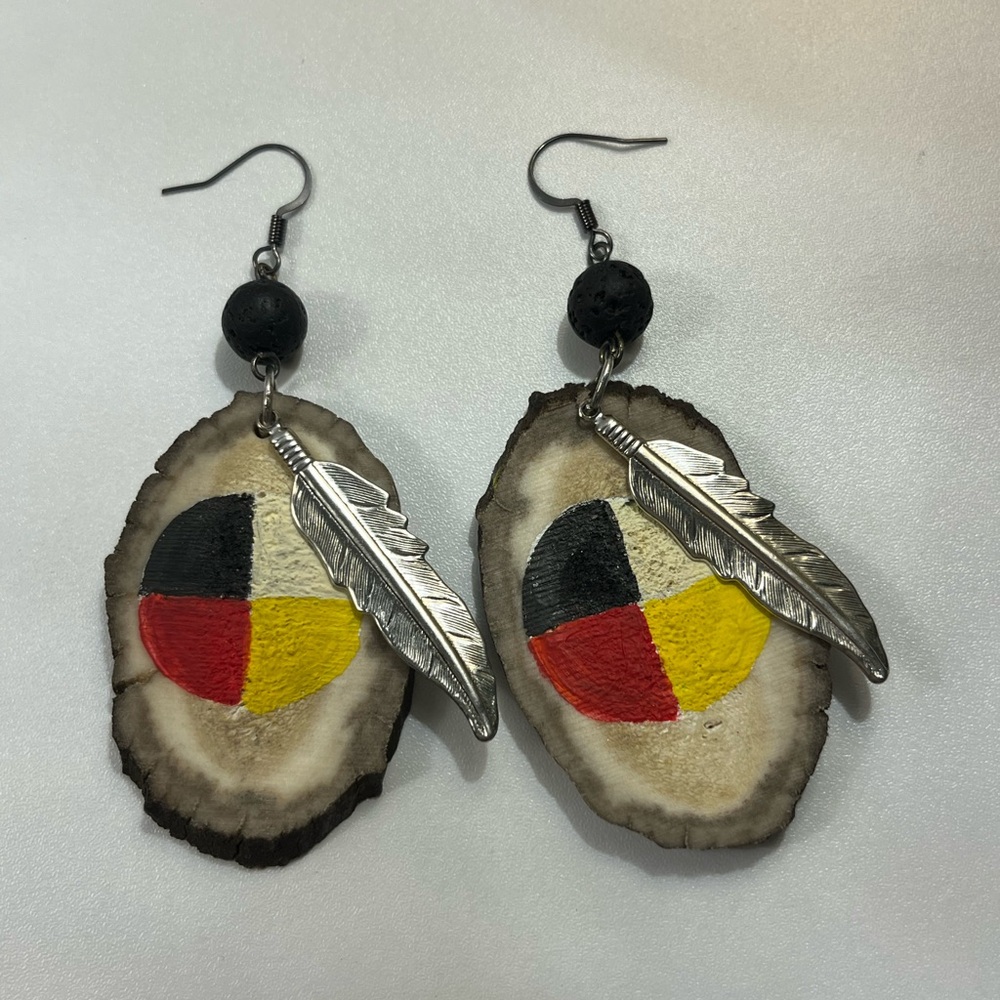 Medicine Wheel/Elk horn earrings with black lava bead
